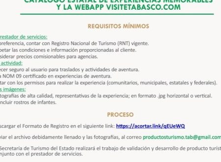 Invita Turismo a registrarse a catálogo de Experiencias Memorables y Visitetabasco.com