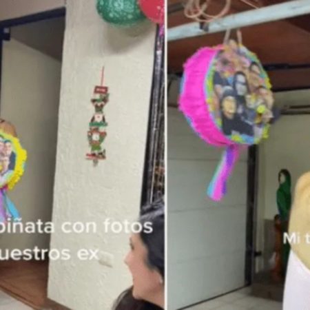 Mujeres rompen piñata hecha con fotos de sus exparejas